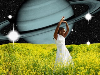 A woman in a white dress dances joyfully in a field of yellow flowers under a starry sky with a larg...