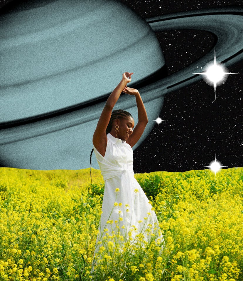 A woman in a white dress dances joyfully in a field of yellow flowers under a starry sky with a larg...