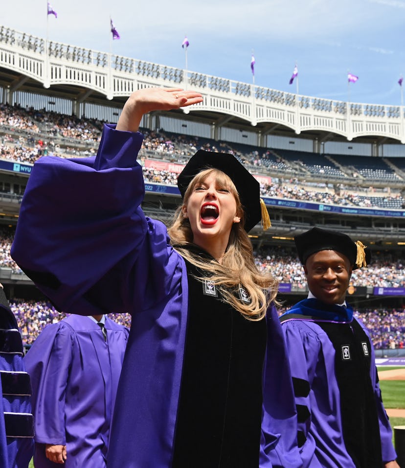 Taylor Swift wearing her "very first" cap and gown at NYU graduation.