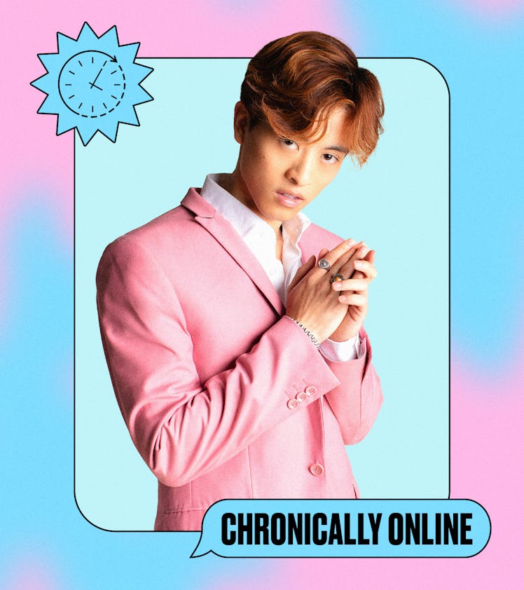 Man in pink blazer posing thoughtfully, with text "Chronically Online" and a stylized blue clock gra...