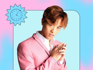 Man in pink blazer posing thoughtfully, with text "Chronically Online" and a stylized blue clock gra...