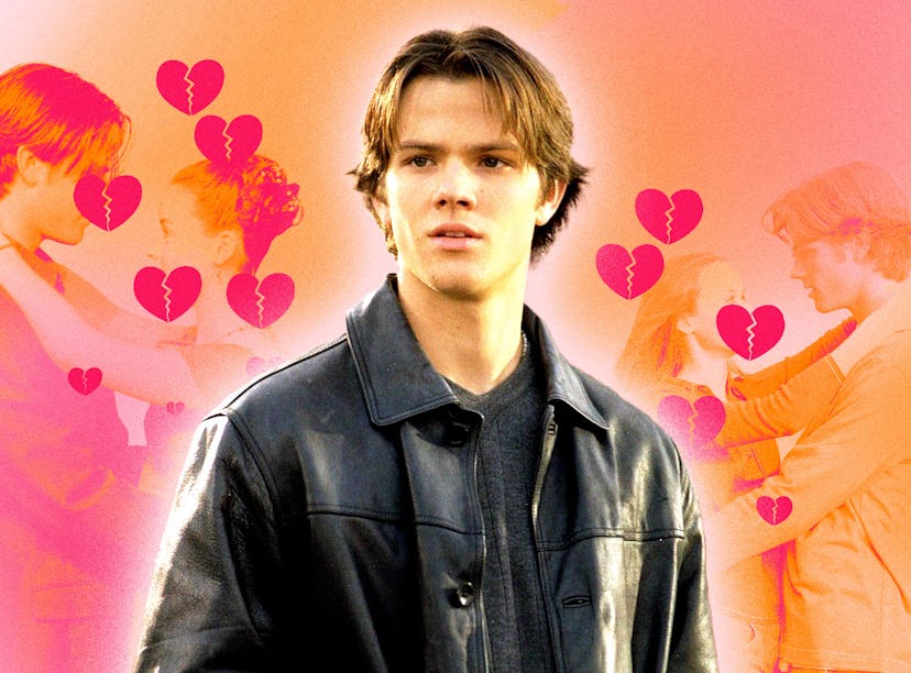A young man in a leather jacket with contemplative expression, overlaid by romantic scenes of a coup...
