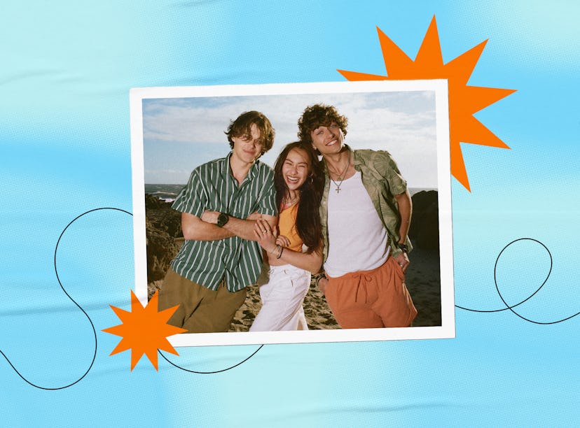 Christopher Briney, Gavin Casalegno, and Lola Tung wear clothes from the American Eagle The Summer I...