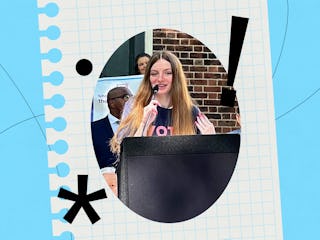A young woman with long hair speaks into a microphone at a podium, passionately addressing an audien...