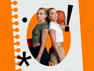 Two young women in casual attire pose back to back, with one holding a basketball, against an orange...