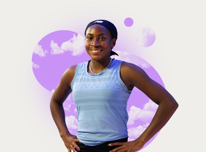 Confident woman in sports attire with hands on hips, standing before a purple abstract background.