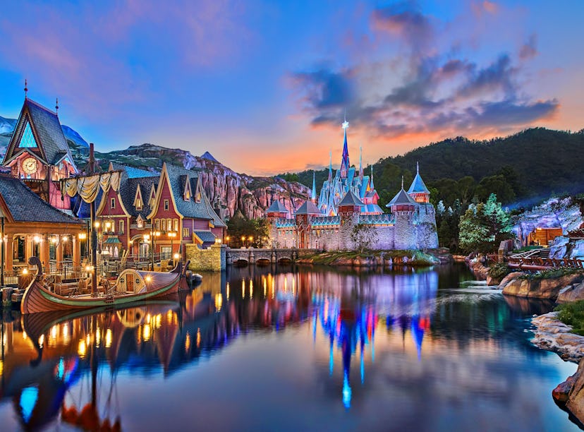 World Of Frozen at Hong Kong's Disneyland park is captured lit up for the evening.