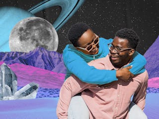 A young couple piggybacking in front of the moon ahead of their December 2024 horoscope.