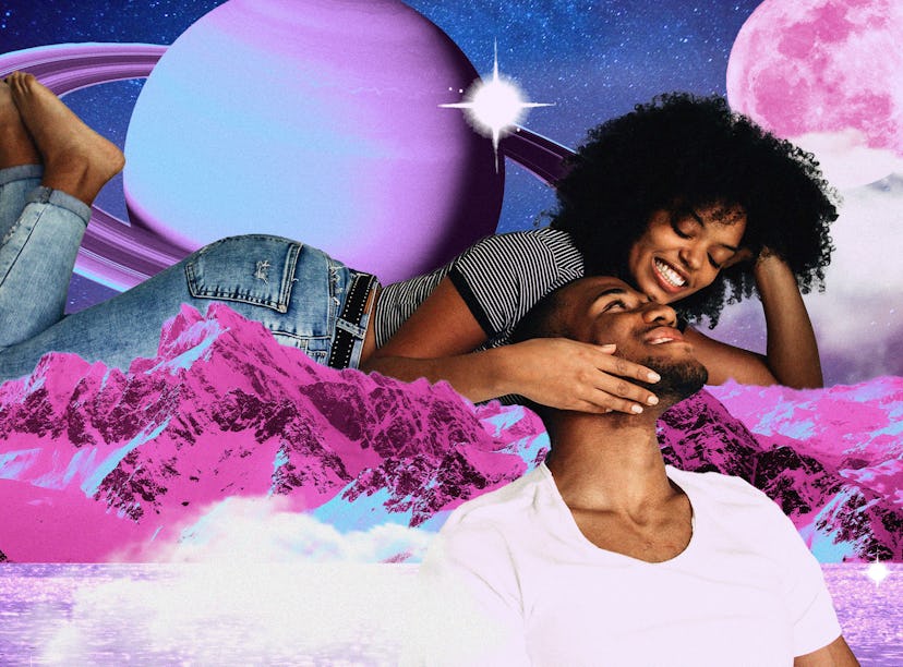 A young couple smiling in front of Saturn after reading their January 2025 horoscope.