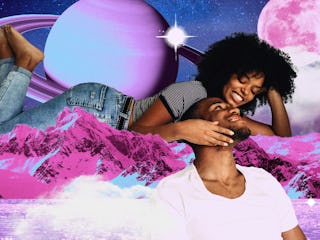 A young couple smiling in front of Saturn after reading their January 2025 horoscope.