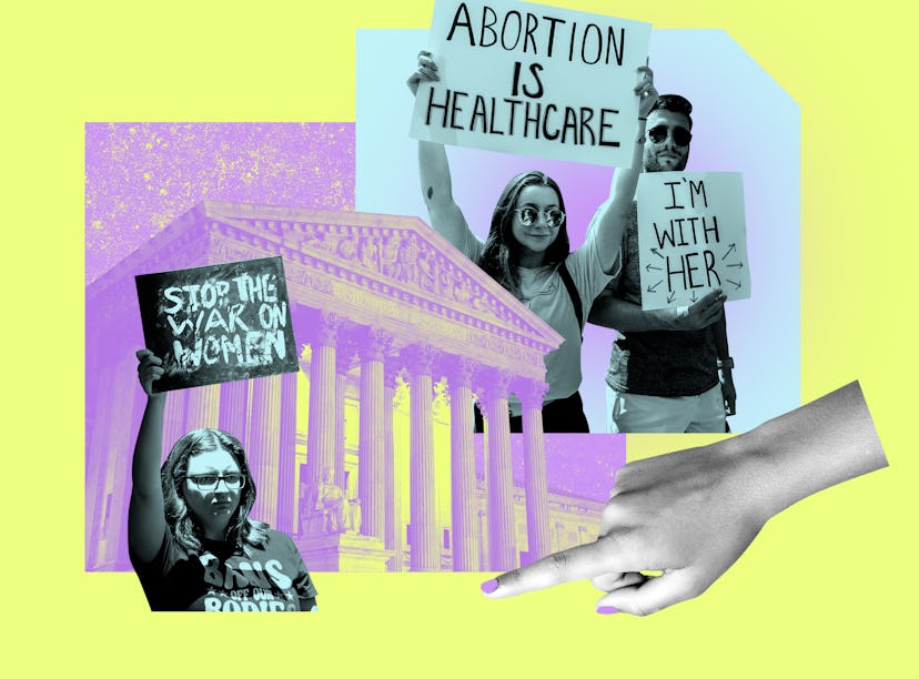 Collage of two women and a man holding banners on protests for woman's rights