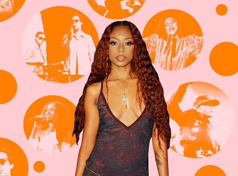 rising artist Ravyn Lenae, surrounded by photos of her musical inspirations