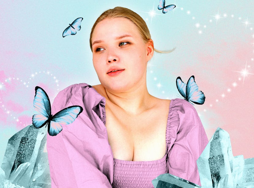A young woman surrounded by butterflies after reading her May 2025 horoscope.