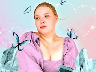 A young woman surrounded by butterflies after reading her May 2025 horoscope.