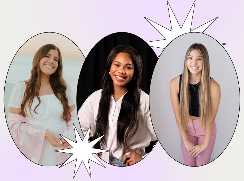 Three young women in an overlapping circular frame, smiling, each dressed in casual outfits against ...