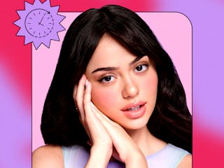 Portrait of a young woman resting her cheek on her hands, with the text "Chronically Online" and a g...