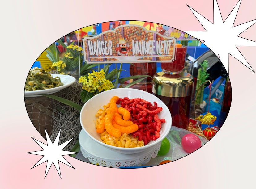 A comic-themed display featuring a bowl of colorful cereal with various snacks and vibrant decoratio...