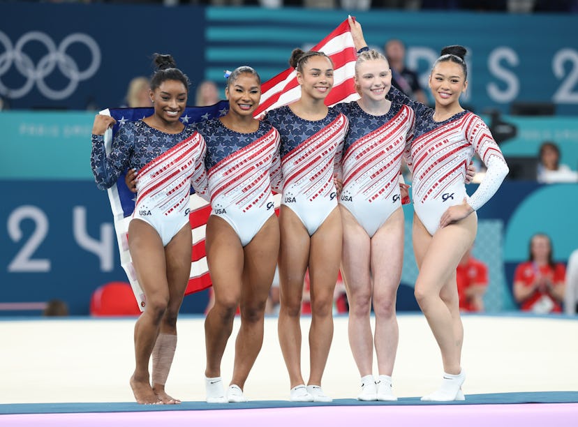 Simone Biles, Suni Lee, Jordan Chiles, Jade Carey, and Hezly Rivera at the 2024 Paris Olympics